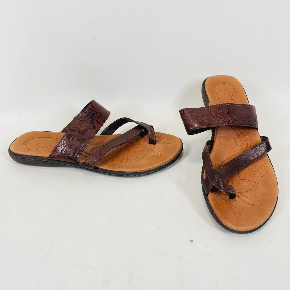 b.o.c. Born Concept Brown Floral Embossed Toe Loop Slide Sandals C54257 Size 9M
